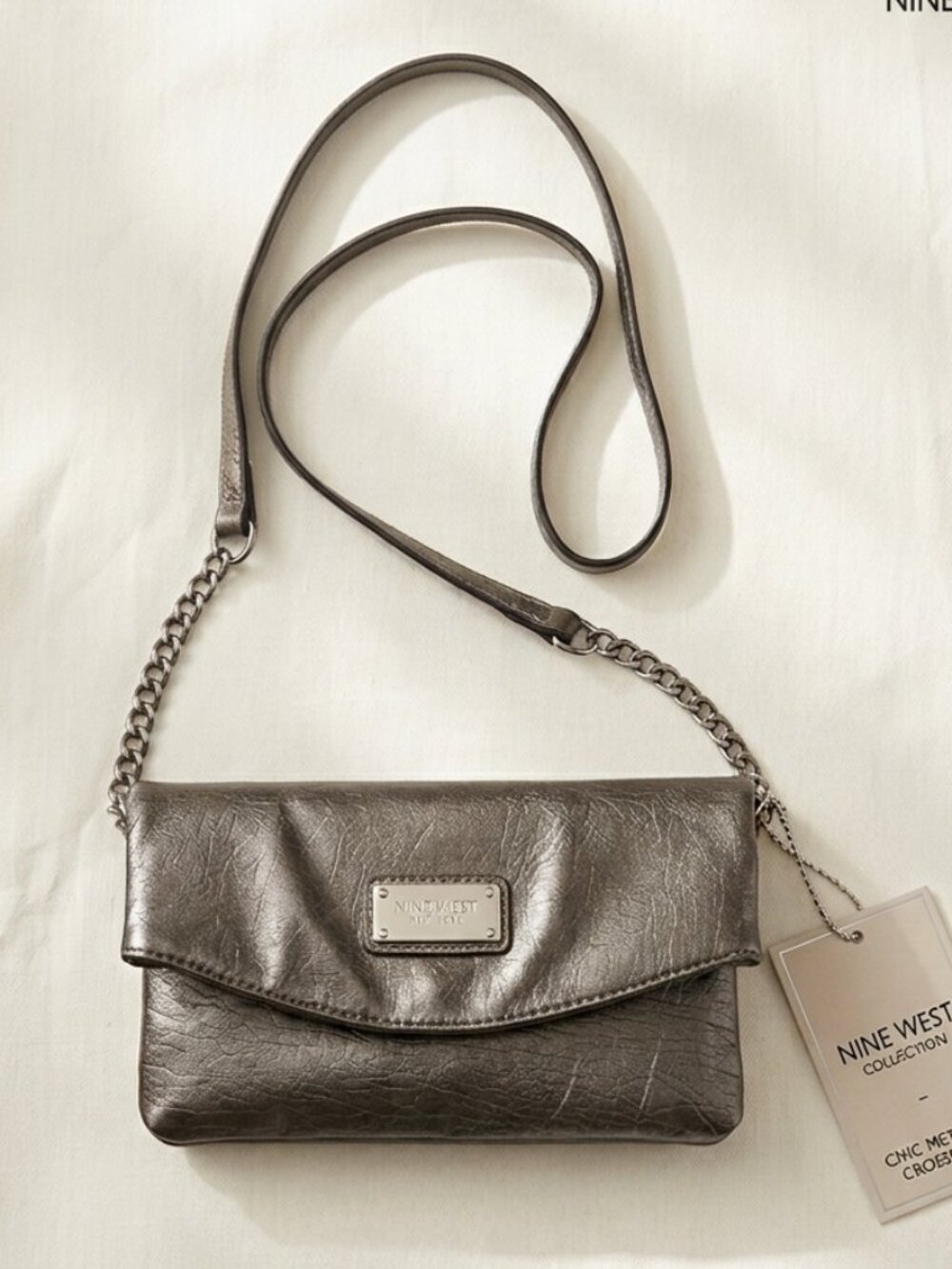 Nine West Metallic Pewter Chain Strap Flap Crossbody Bag